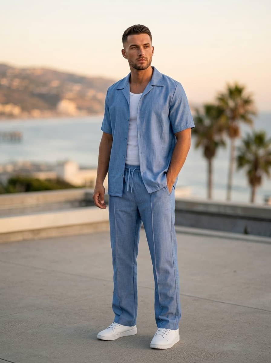 Grossista KZR - Completo camicia in tessuto testurizzato mélange e pantaloni dritti con vita elasticizzata