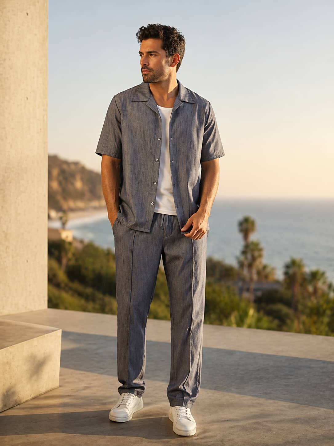 Grossista KZR - Completo camicia in tessuto testurizzato mélange e pantaloni dritti con vita elasticizzata