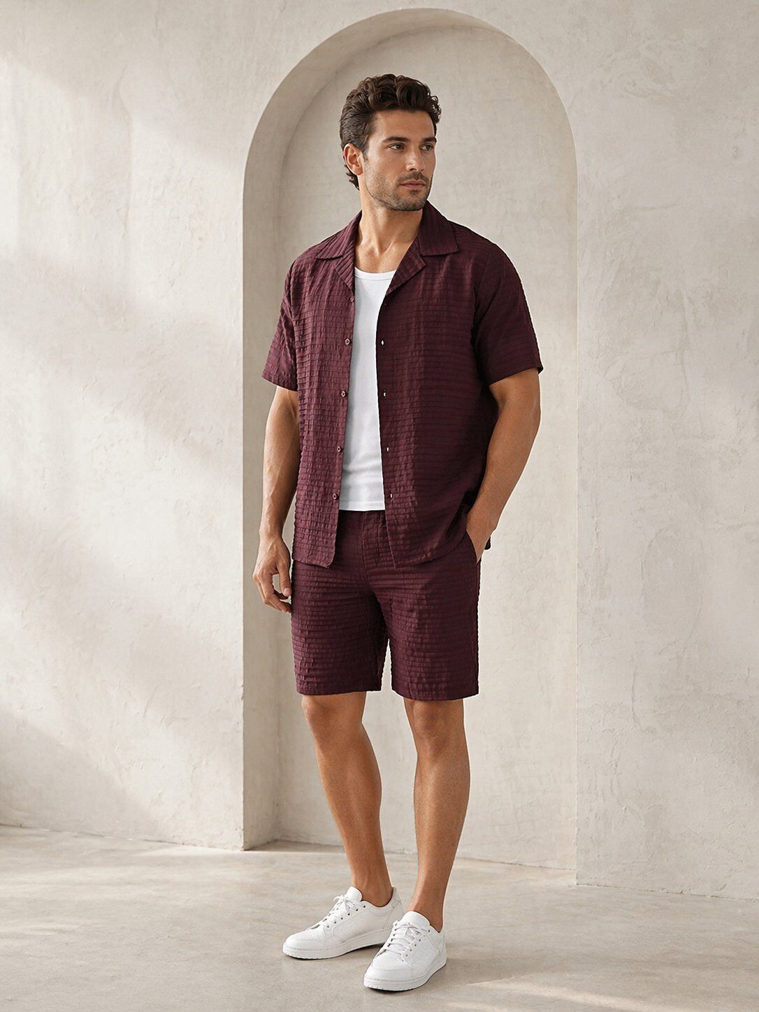 Großhändler KZR - Gestreiftes Hemd & Shorts mit elastischem Bund Set