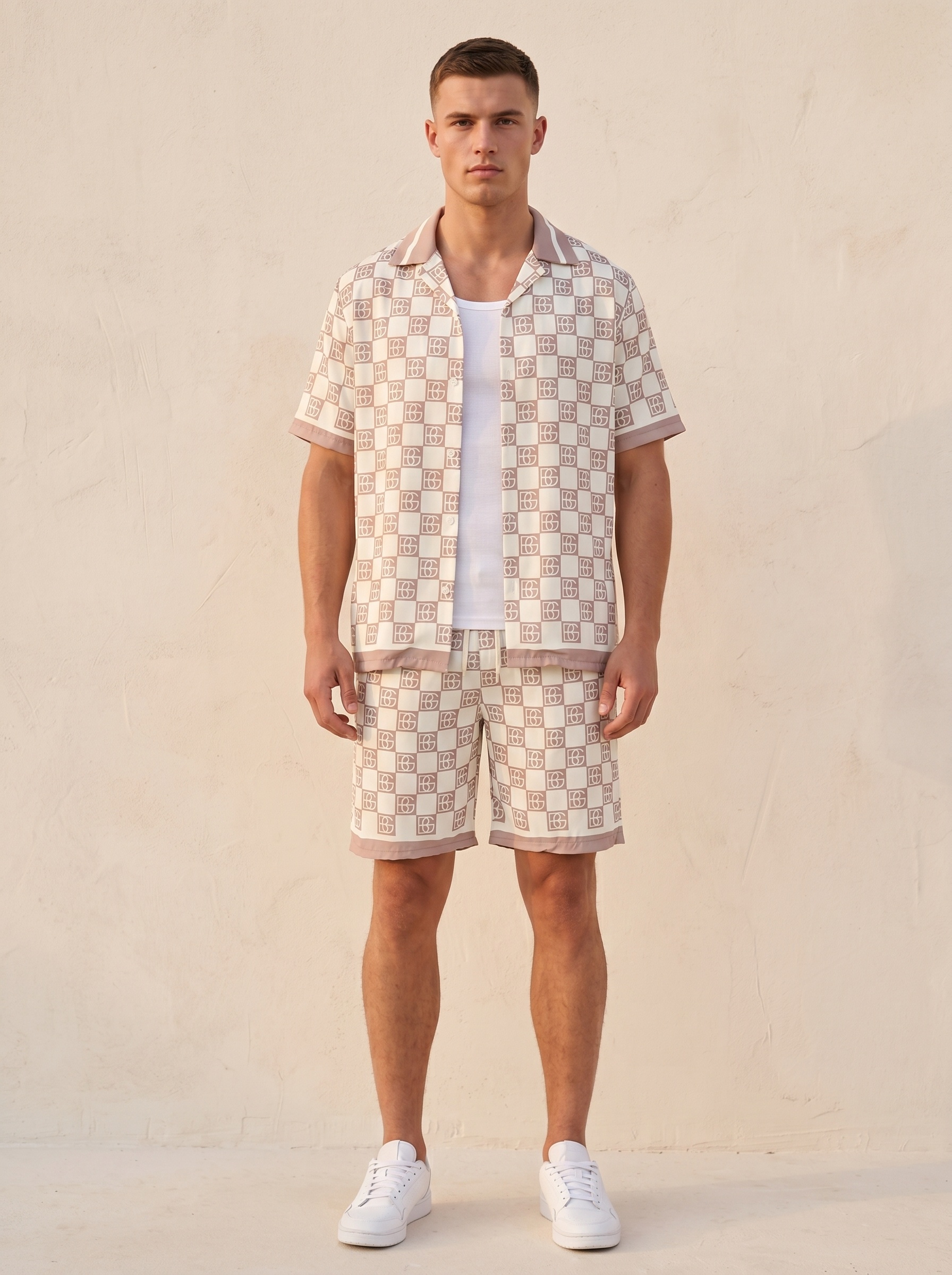 Wholesaler KZR - Checkered Monogram Shirt & Shorts Set