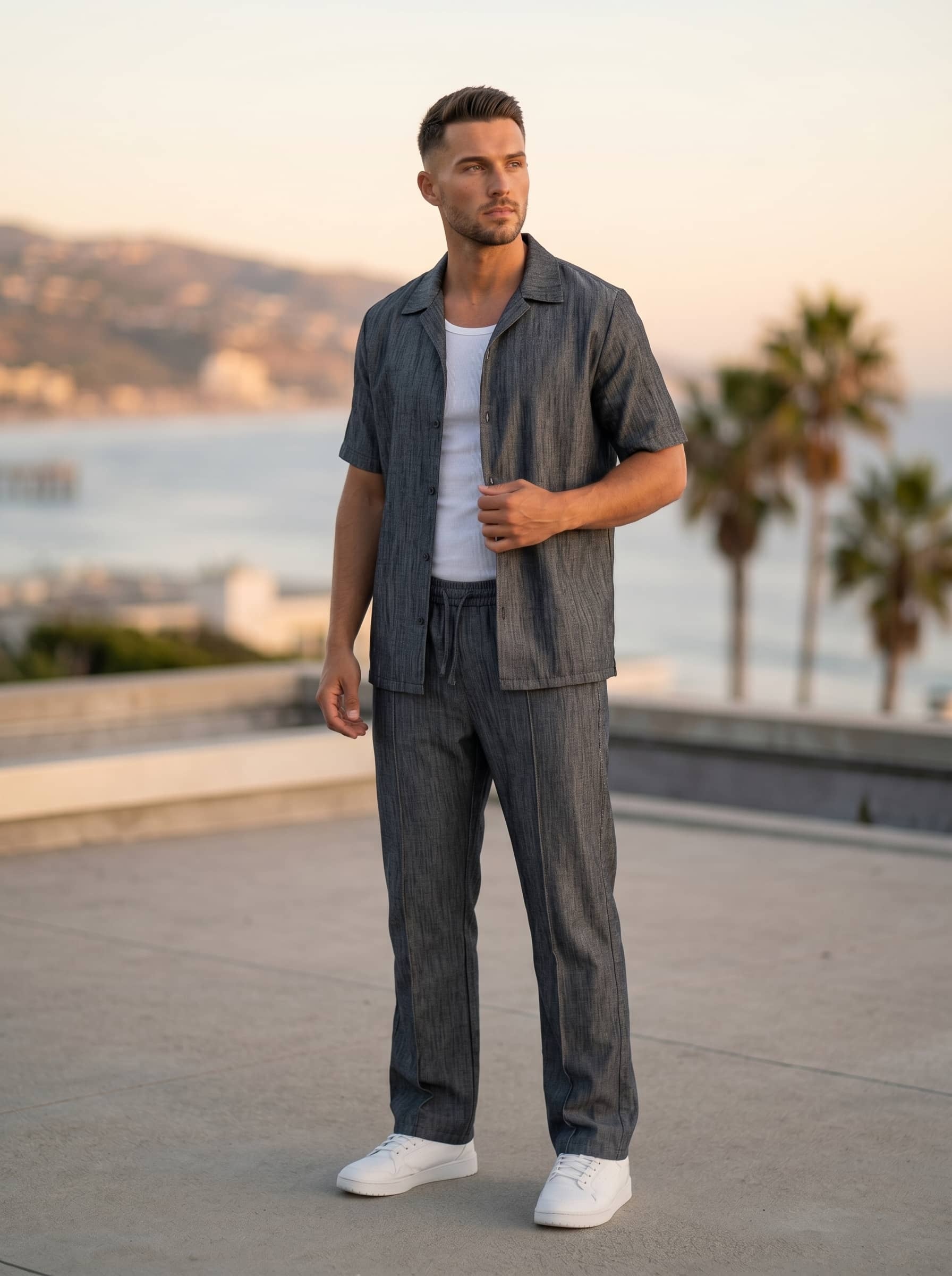Grossista KZR - Completo camicia in tessuto testurizzato mélange e pantaloni dritti con vita elasticizzata