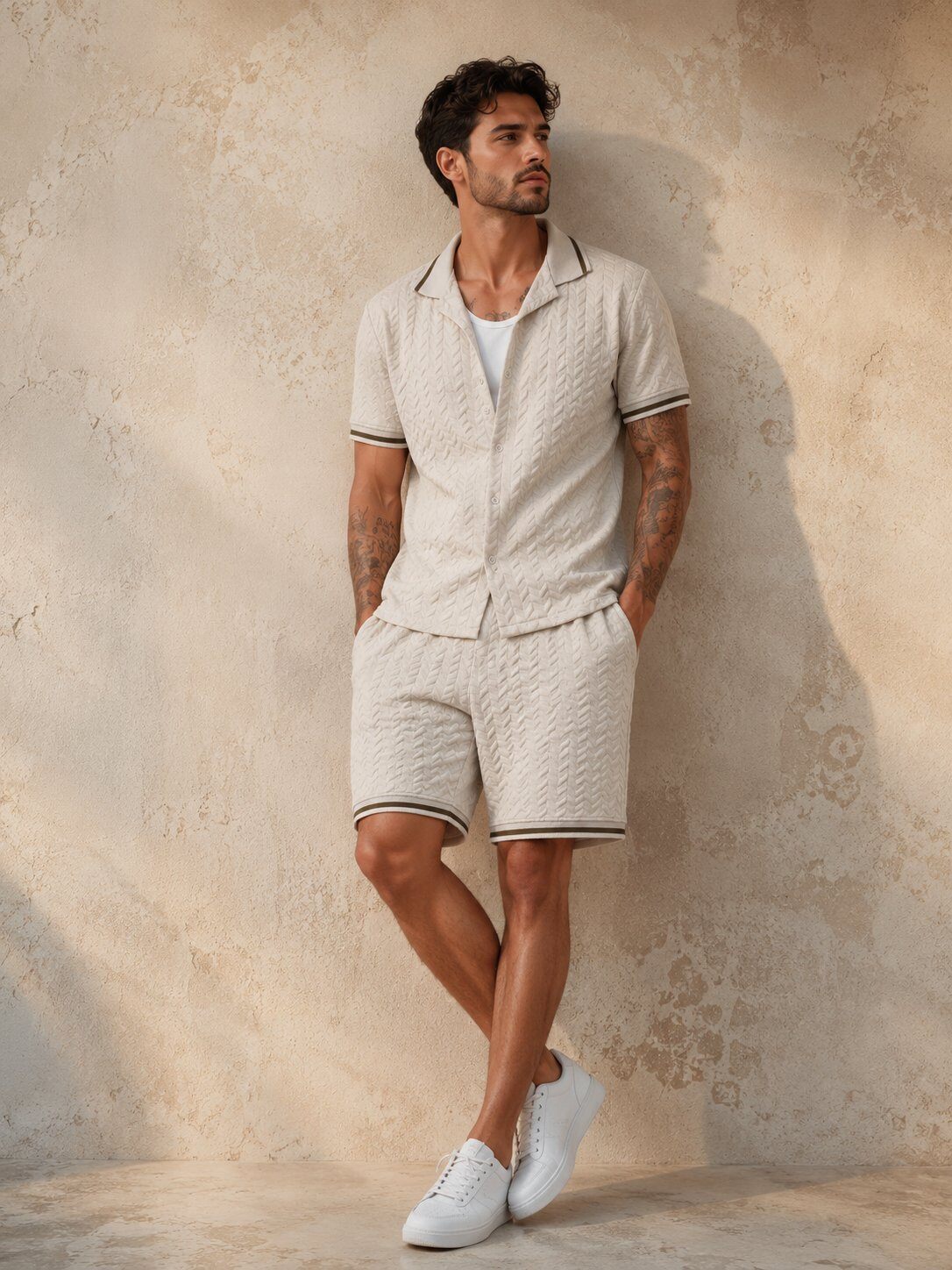 Grossista KZR - Completo Camicia e Shorts a Maglia Intrecciata