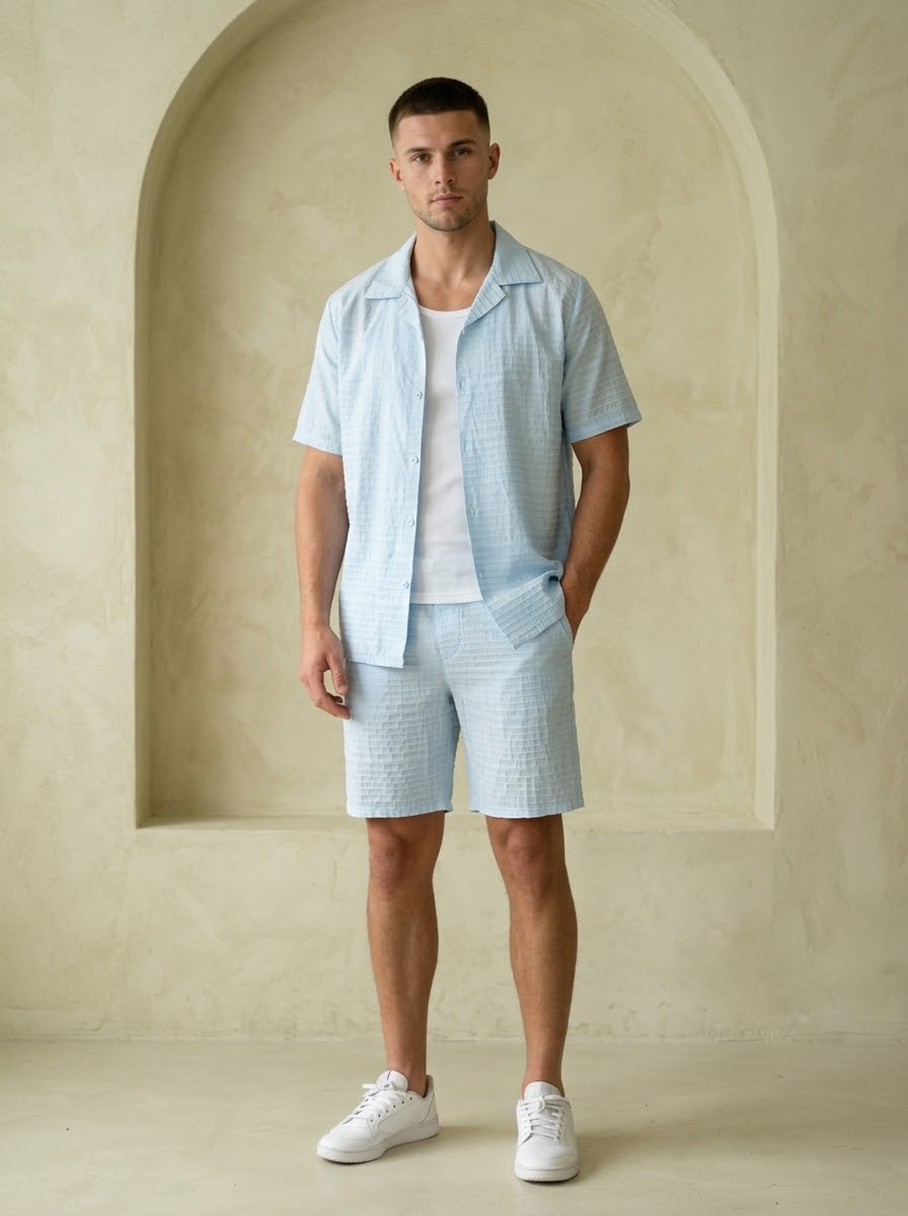 Großhändler KZR - Gestreiftes Hemd & Shorts mit elastischem Bund Set