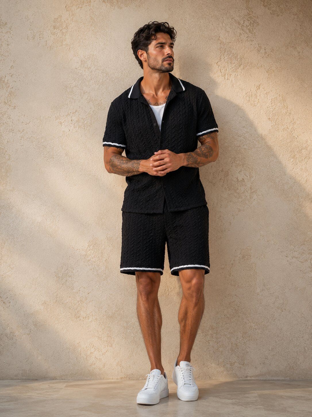 Grossista KZR - Completo Camicia e Pantaloncini a Maglia Intrecciata