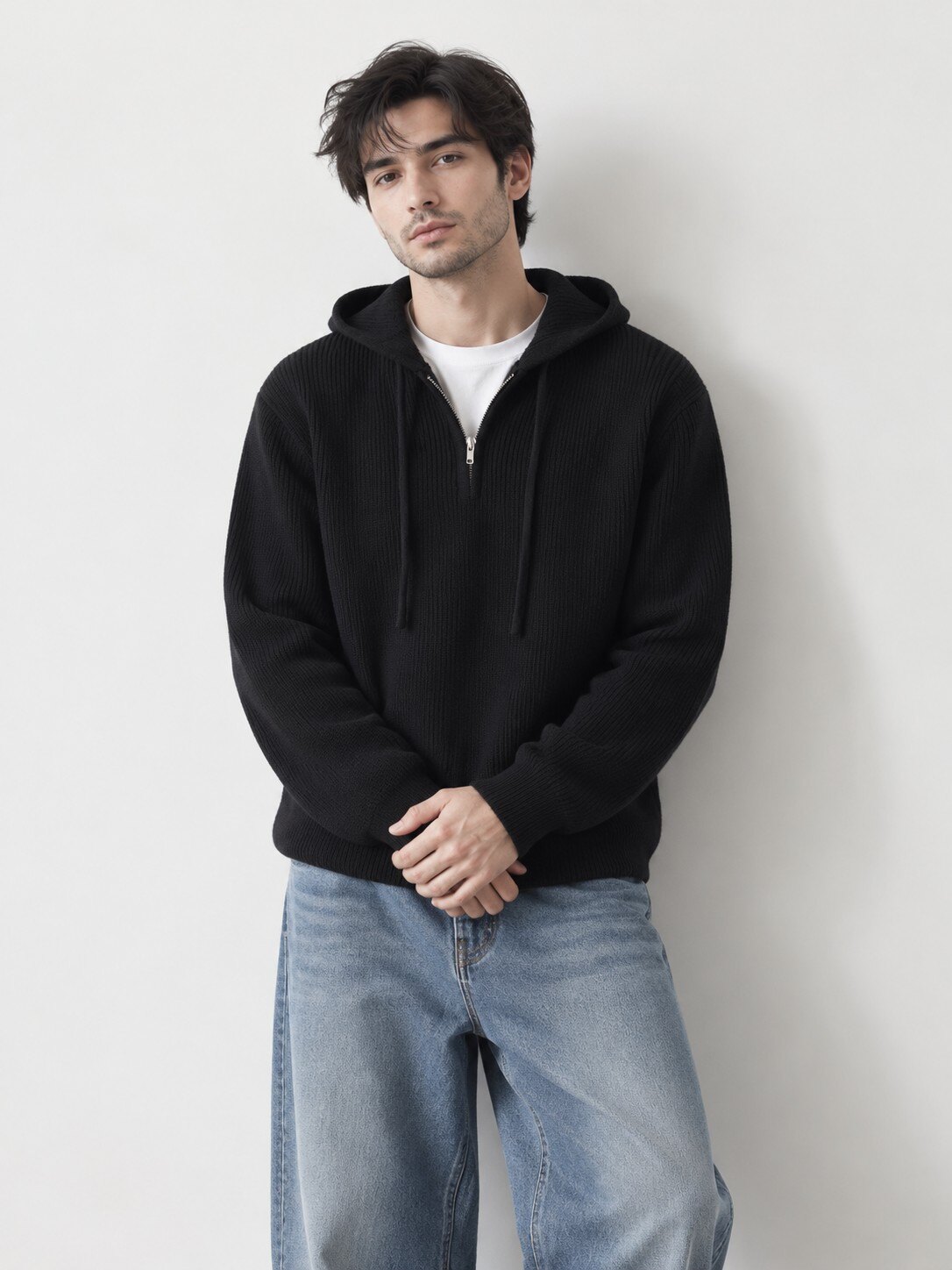Grossiste KZR - Pull Demi-Zip Maille Côtelée Fine Capuche