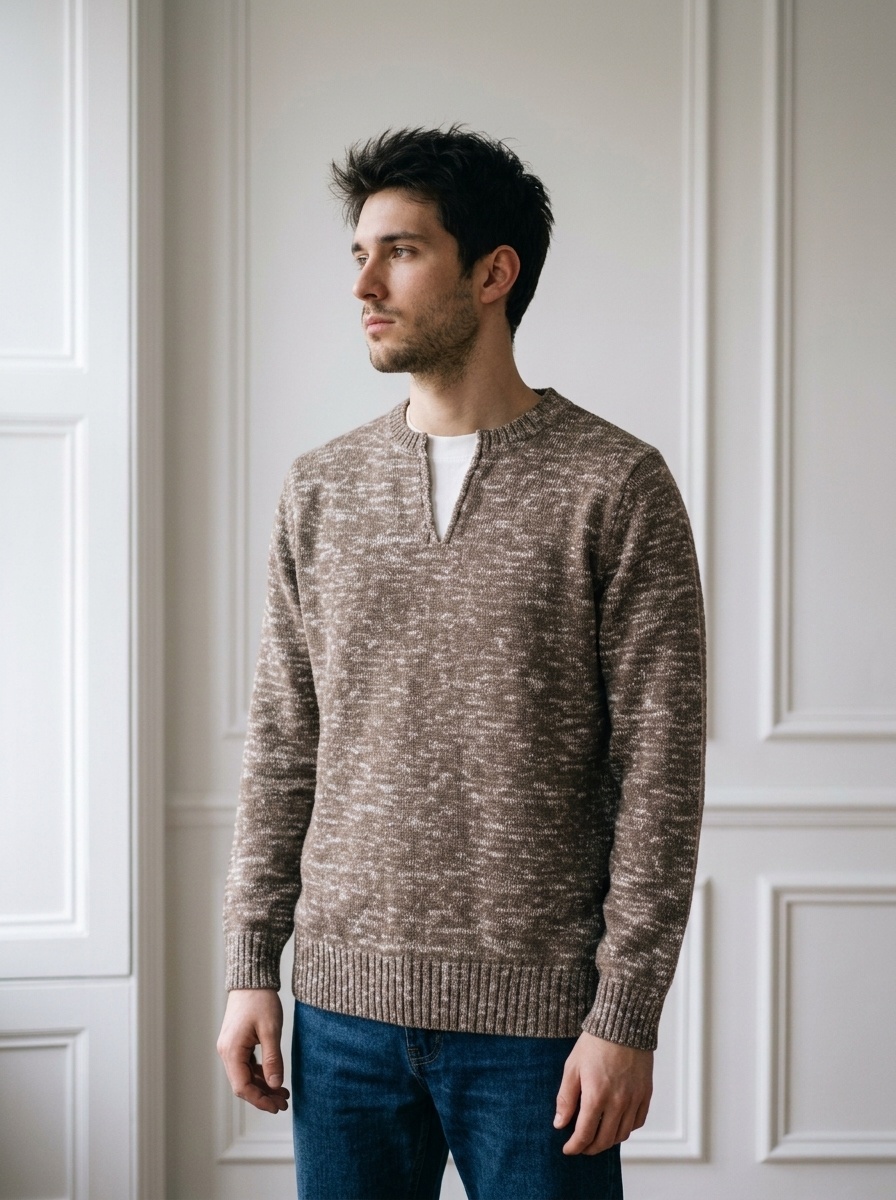 Grossiste KZR - Pull Col Fendu Maille Chiné Bicolore