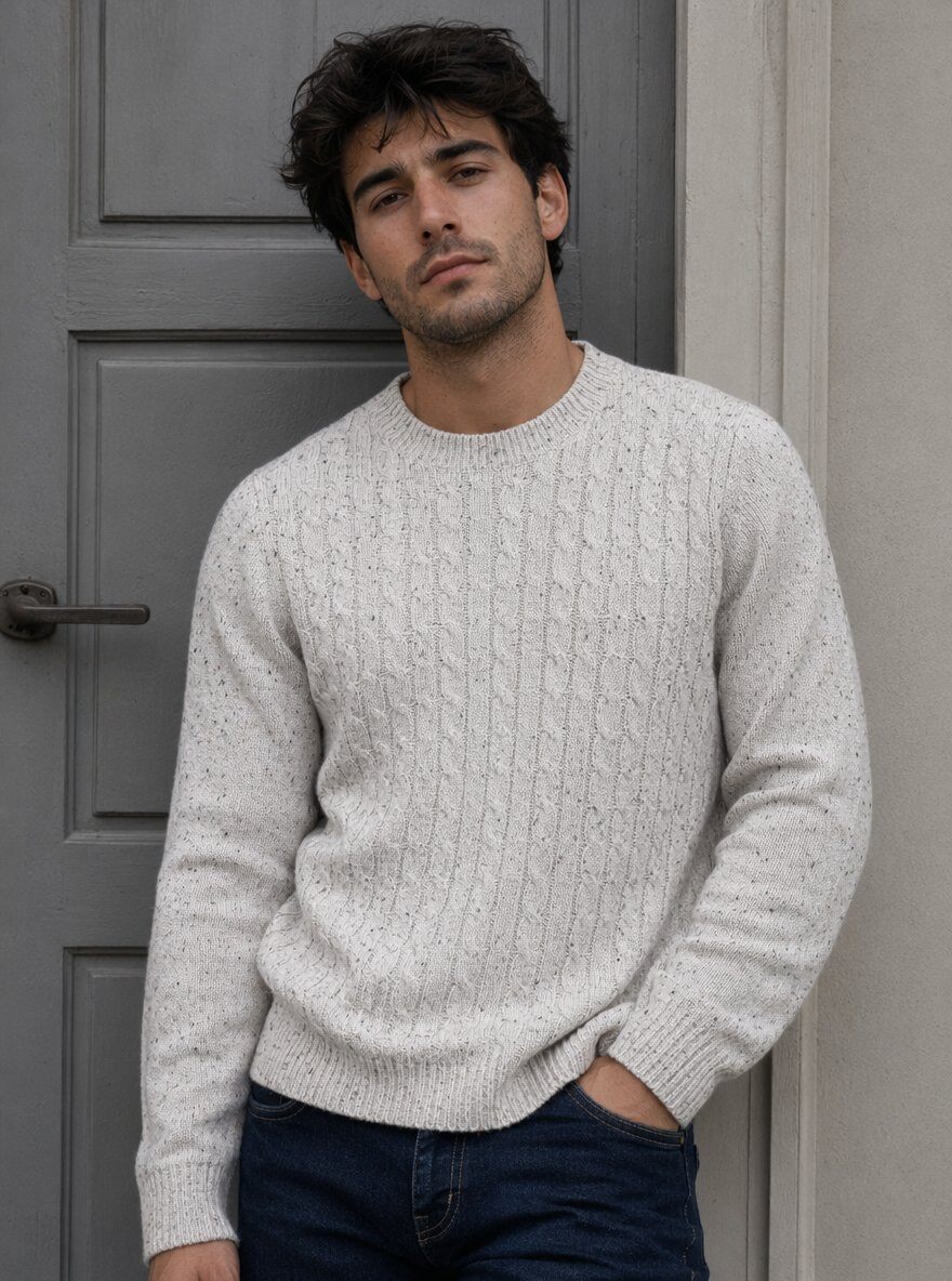 Wholesaler KZR - Speckled Cable Knit Crew Neck Sweater