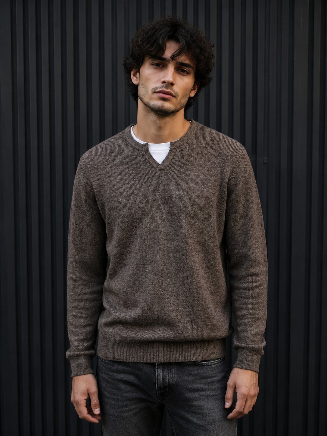Grossista KZR - Maglione con scollo a V e bordo interno bianco a contrasto
