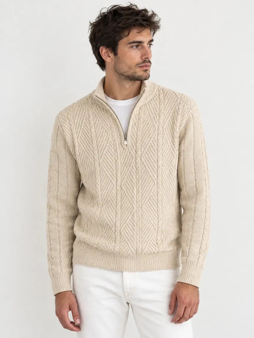 Grossista KZR - Maglione a Mezza Zip con Collo Alto e Treccia a Rombo