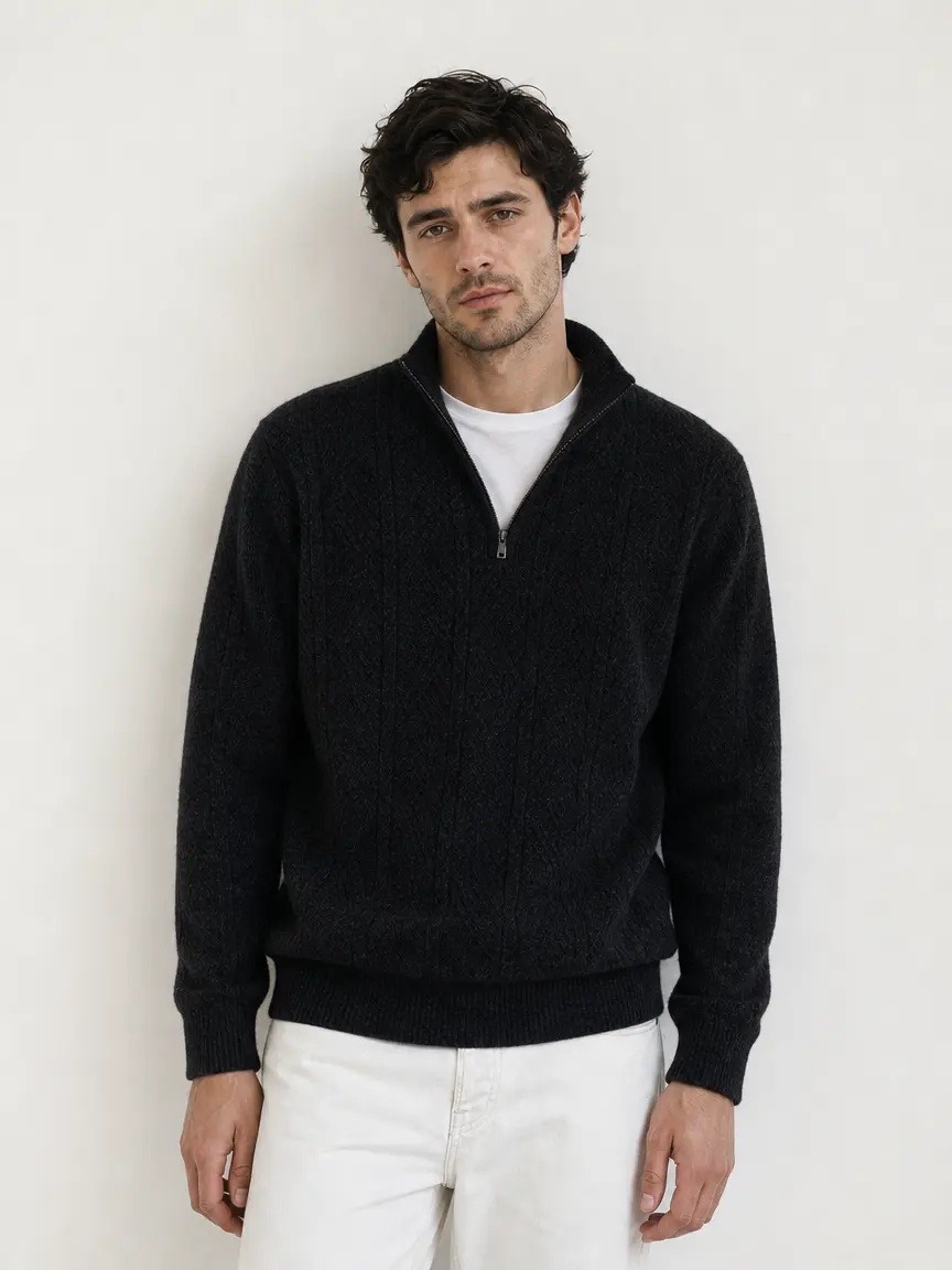 Grossista KZR - Maglione a Mezza Zip con Collo Alto e Treccia a Rombo