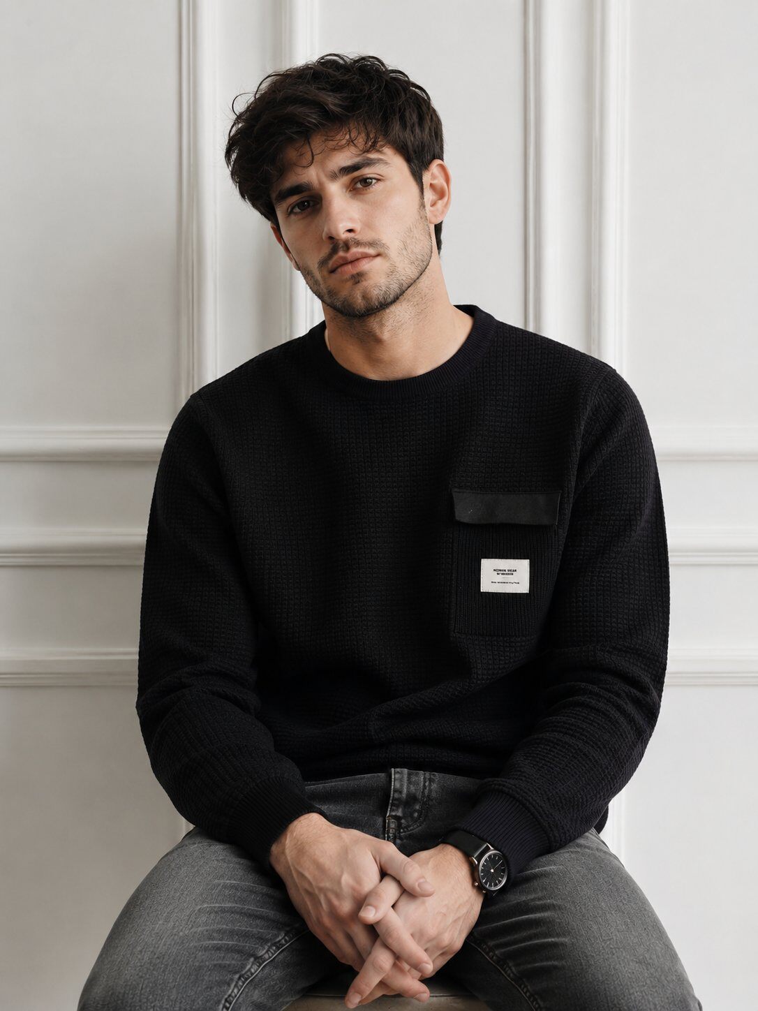 Großhändler KZR - Waffelstrickpullover mit Aufgesetzter Tasche