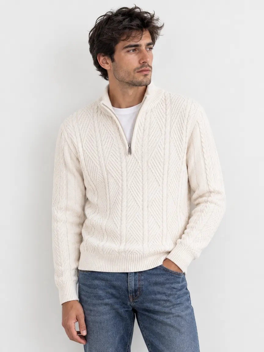 Grossista KZR - Maglione a Mezza Zip con Collo Alto e Treccia a Rombo