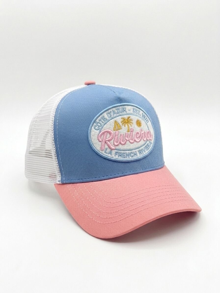 Grossiste Lili à la plage - Casquette Côte d'Azure - French Riviera bleu et rose à filet