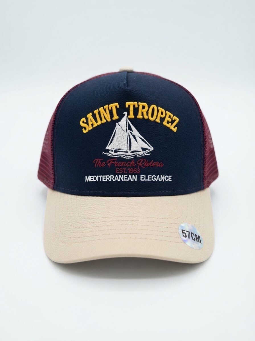 Grossiste Lili à la plage - Casquette Saint Tropez bleu marine et crème à filet rouge