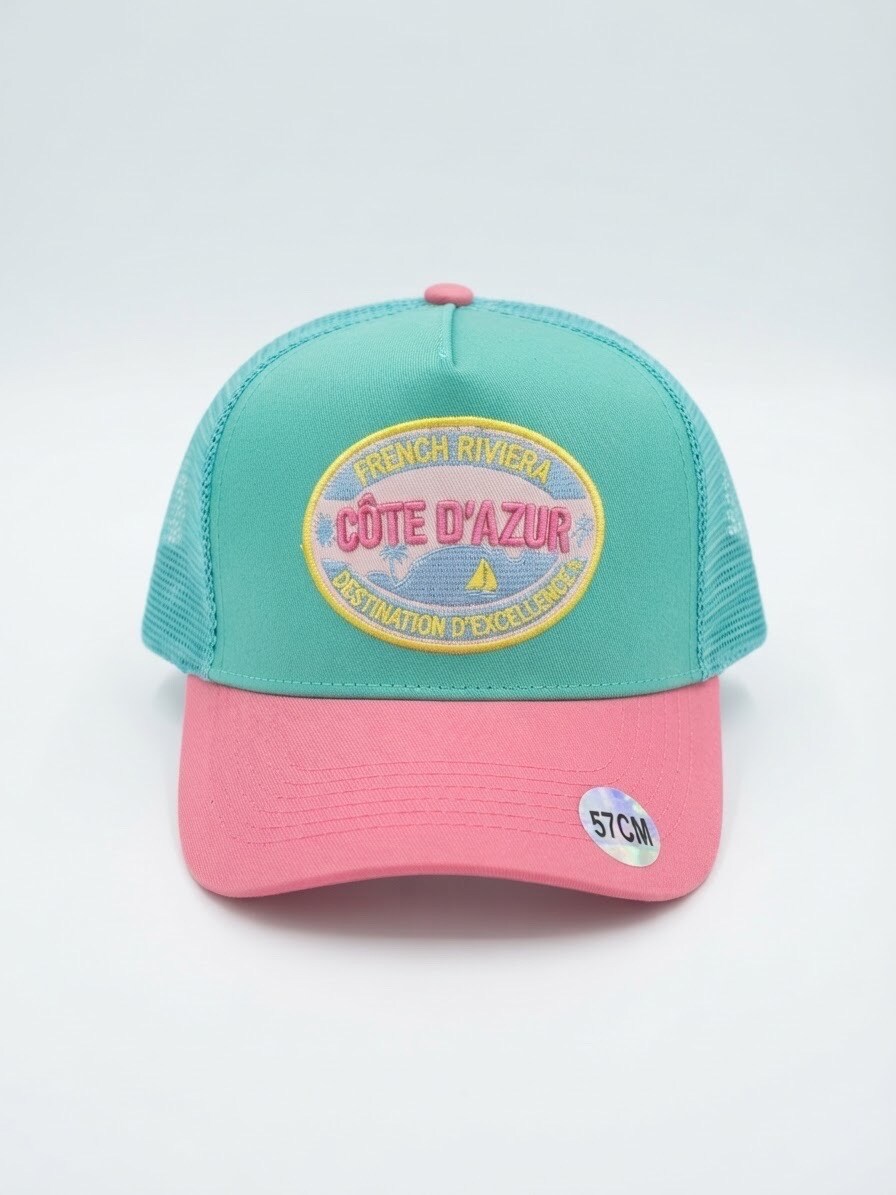 Grossiste Lili à la plage - Casquette Côte d'Azure - French Riviera bleu turquoise et rose à filet