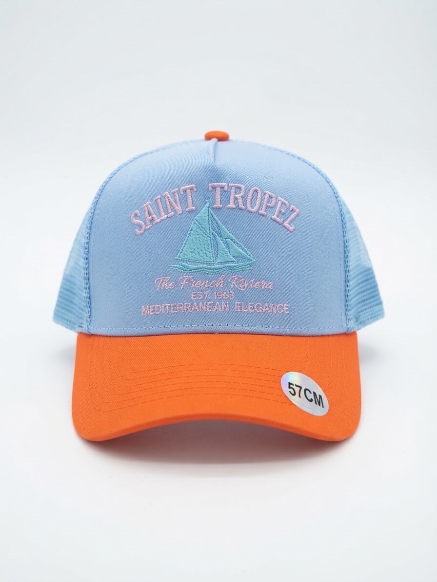 Grossiste Lili à la plage - Casquette Saint Tropez bleu et orange à filet