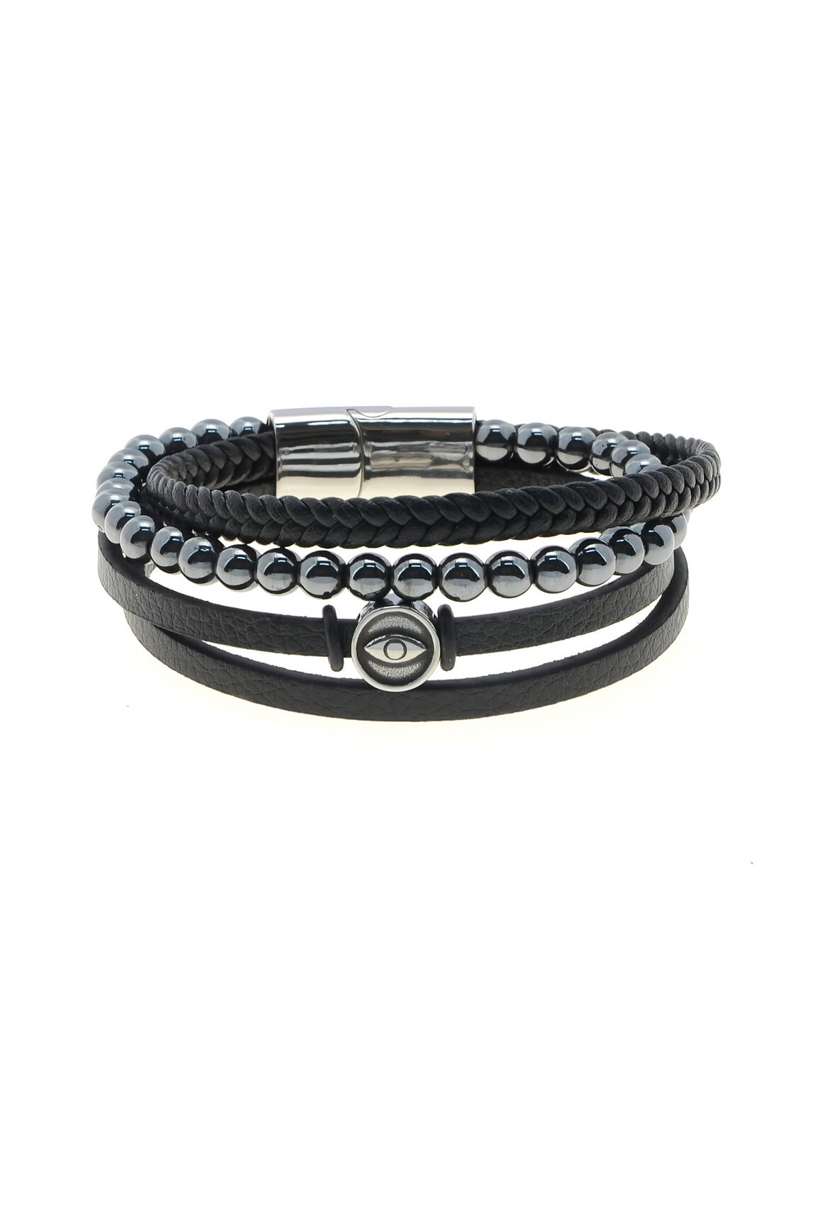 Grossiste LILY CONTI - Bracelet homme 4 rangs – acier inoxydable, cuir et pierre