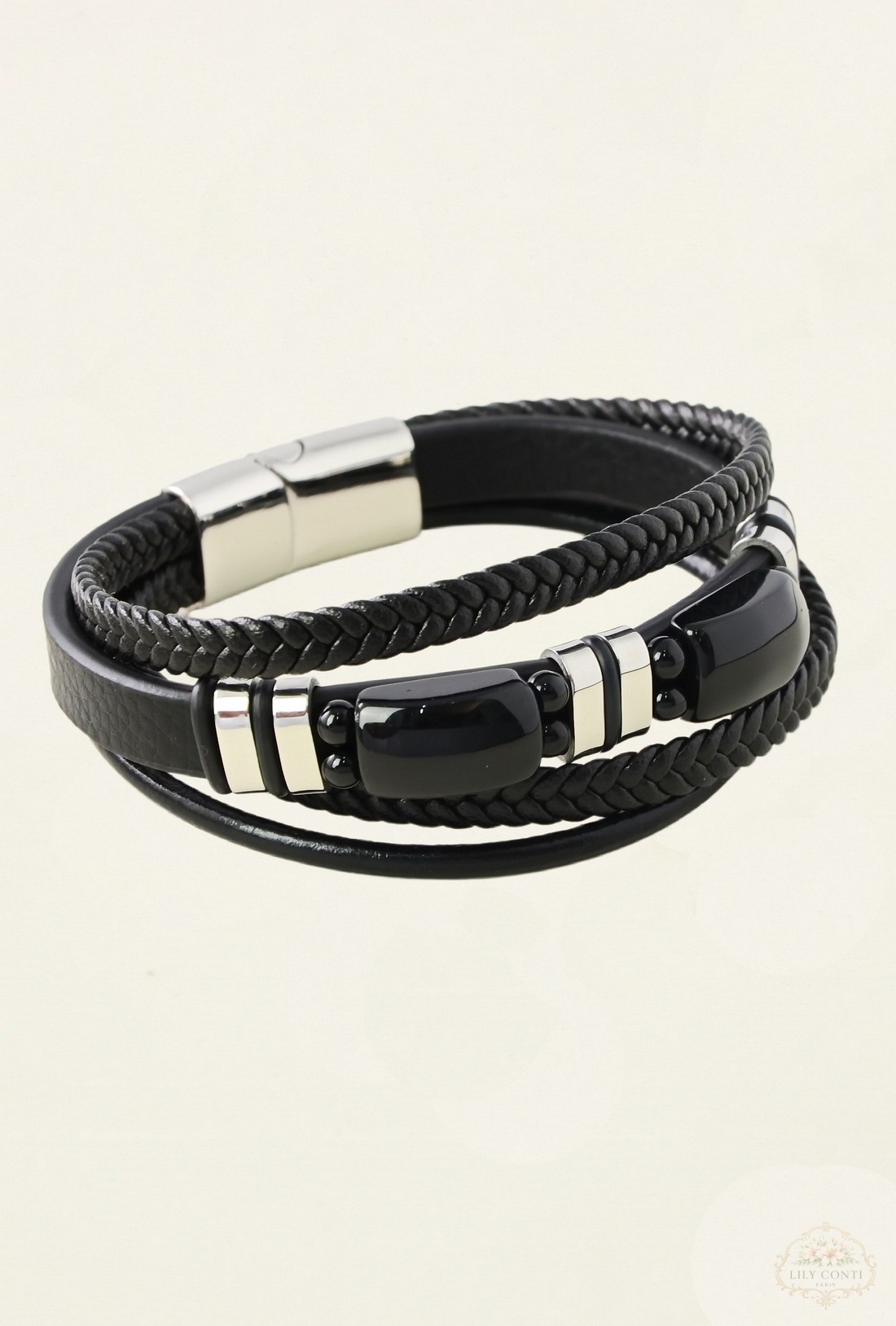 Wholesaler LILY CONTI - 4-row stainless steel and leather bracelet with stones