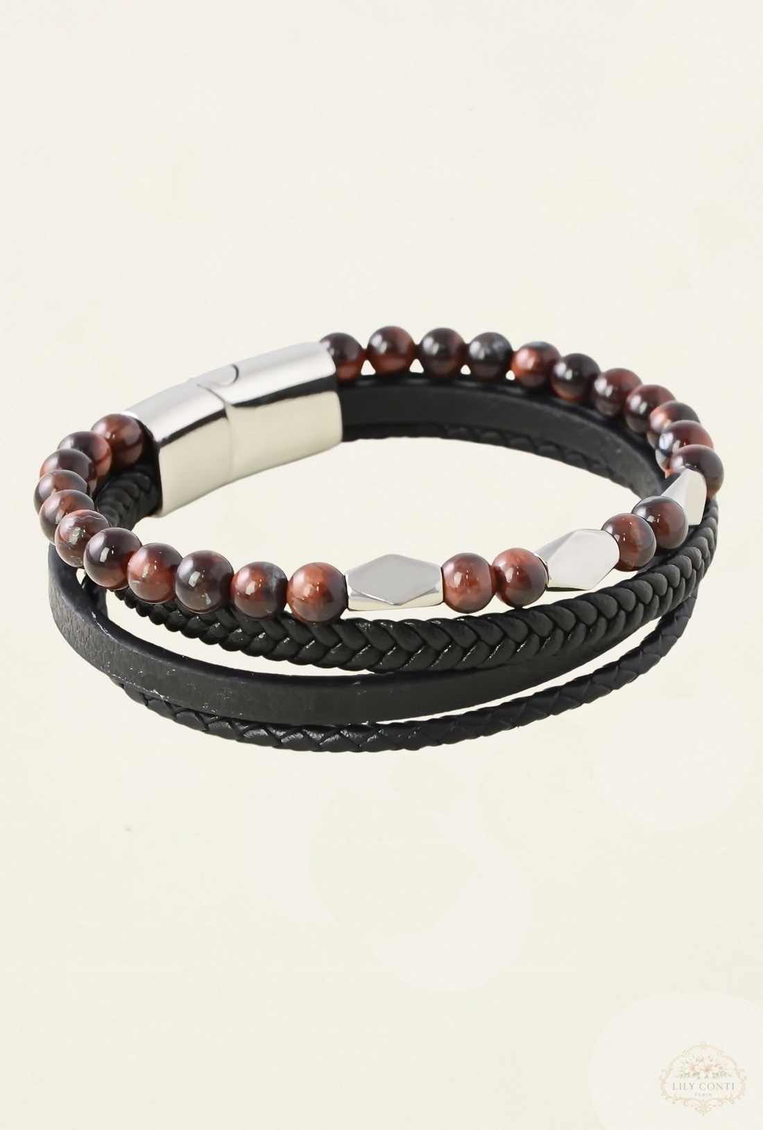 Großhändler LILY CONTI - 4-reihiges Armband aus Edelstahl und Leder mit Steinen