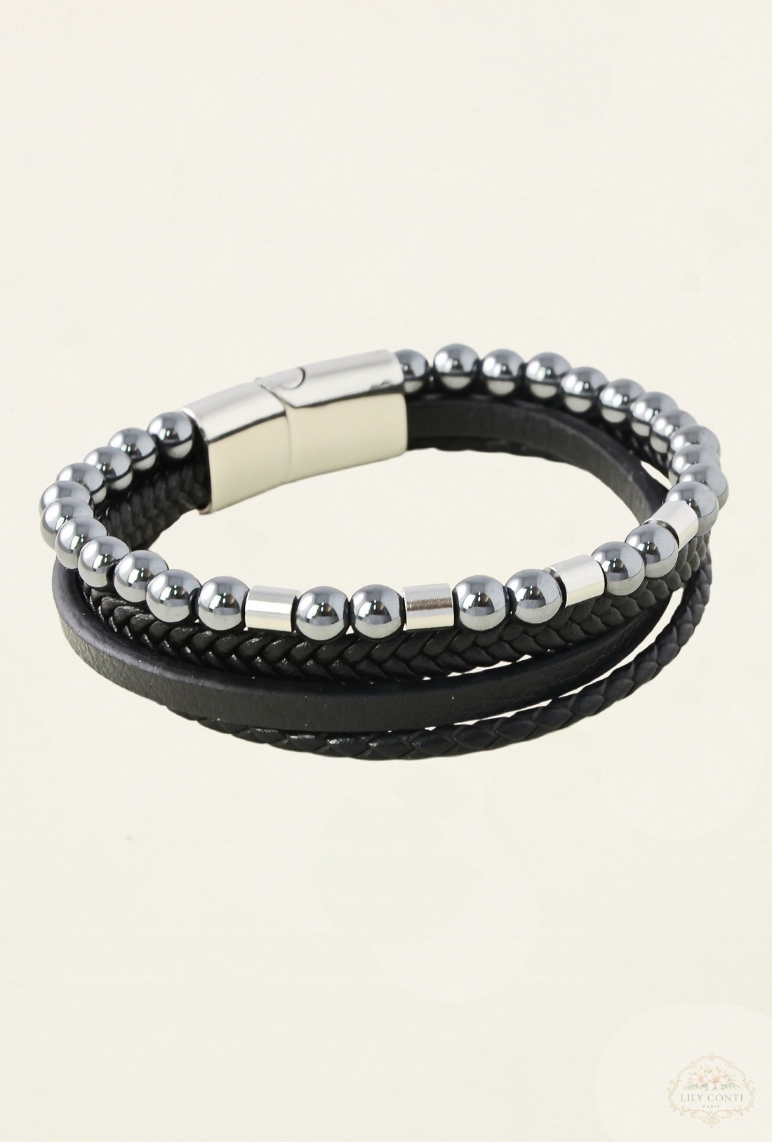 Mayorista LILY CONTI - Pulsera de 4 hileras de acero inoxidable y cuero con piedras