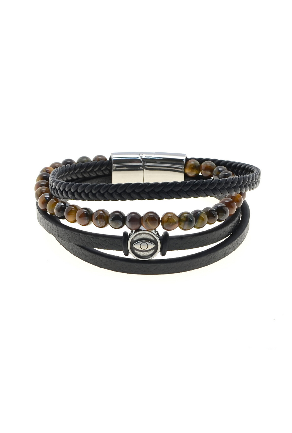 Grossiste LILY CONTI - Bracelet homme 4 rangs – acier inoxydable, cuir et pierre