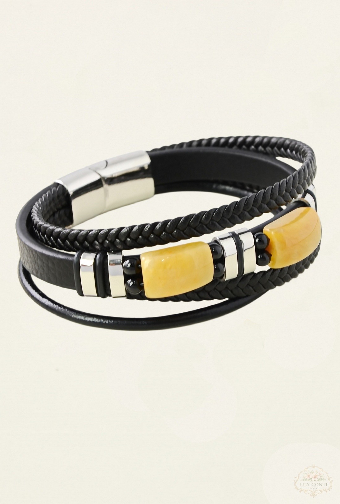 Großhändler LILY CONTI - 4-reihiges Armband aus Edelstahl und Leder mit Steinen