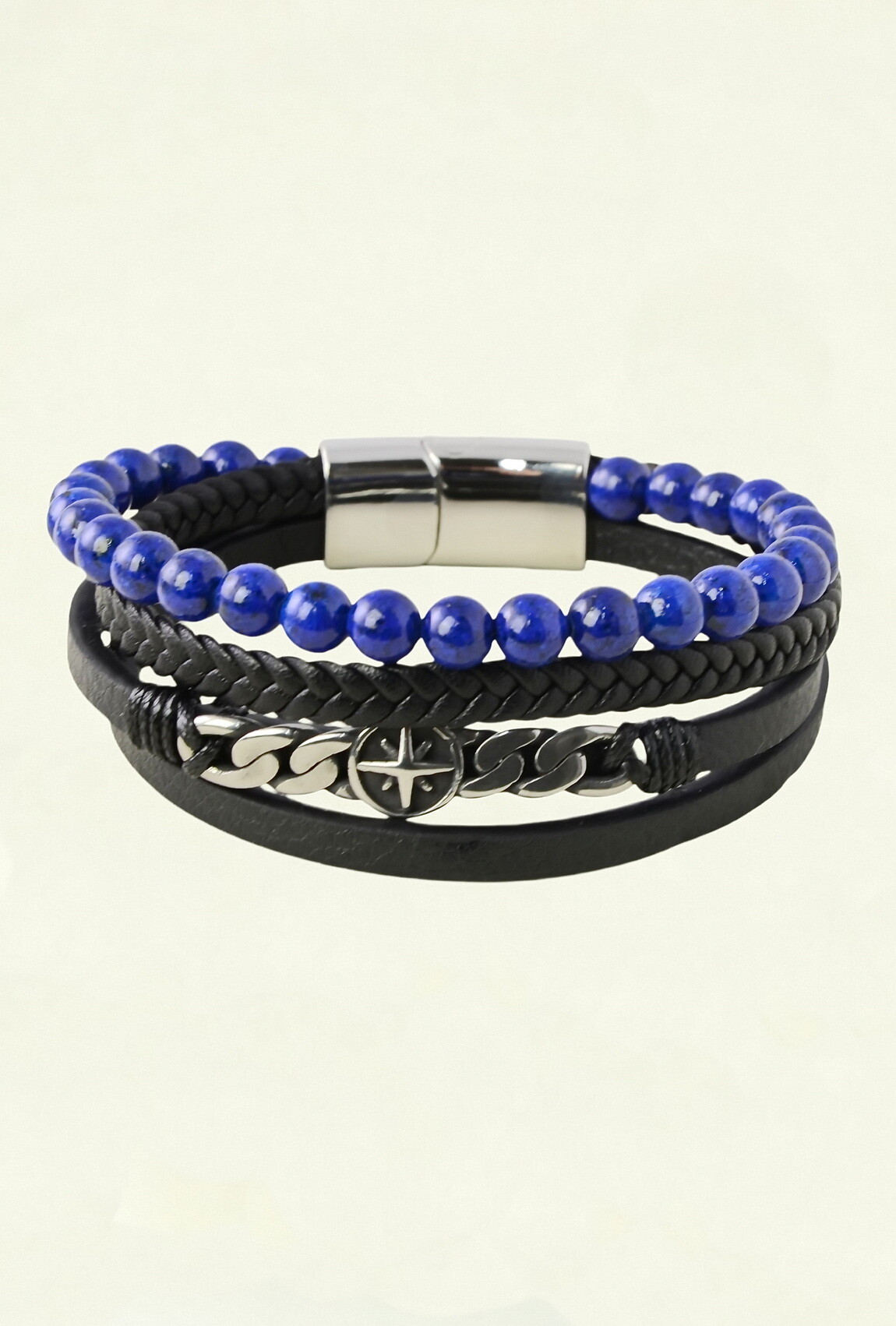 Grossiste LILY CONTI - Bracelet homme multi-rangs en cuir et pierres naturelles – acier inoxydable