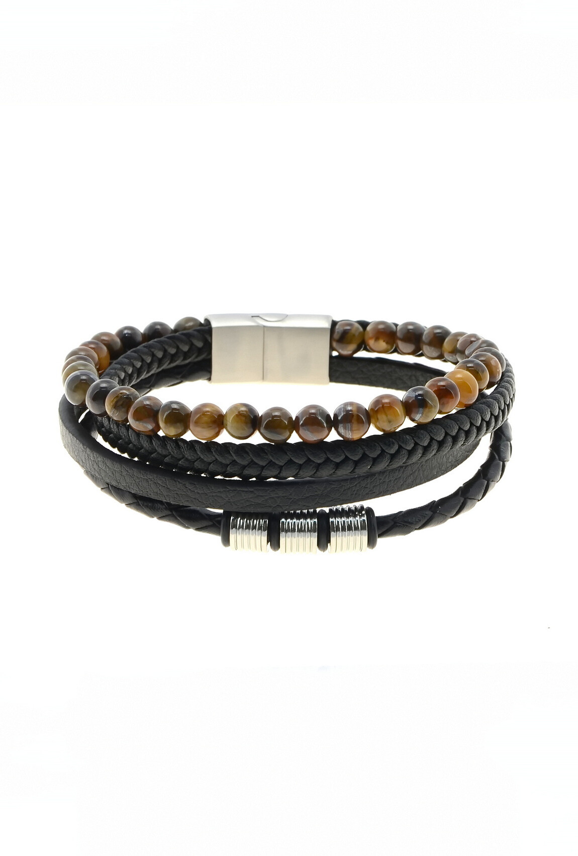 Grossiste LILY CONTI - Bracelet-Acier Inoxydable-pierres-homme-4 rangs-Cuir-220mm