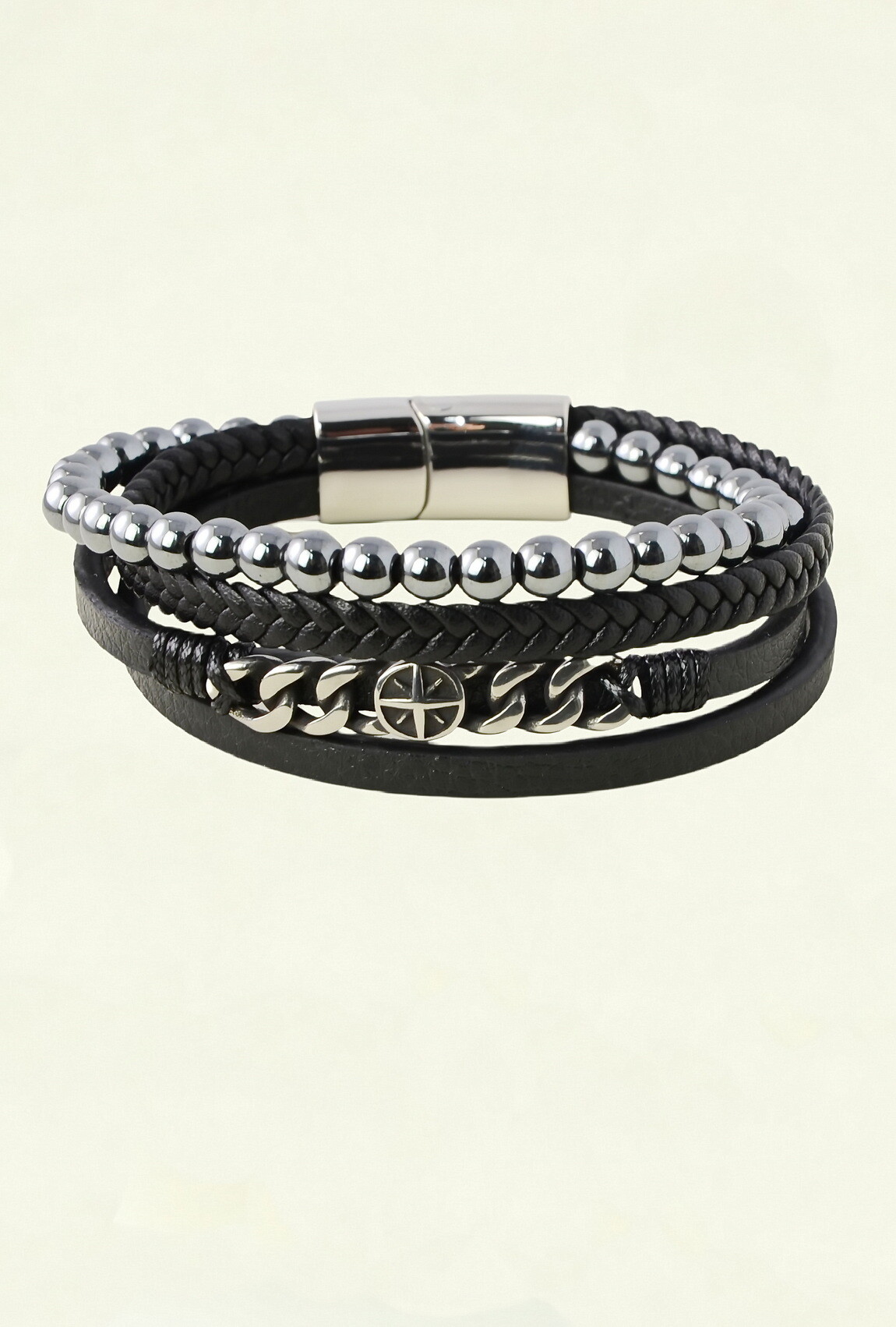Großhändler LILY CONTI - Herren-Armband mit mehreren Lagen aus Leder und Natursteinen – Edelstahl