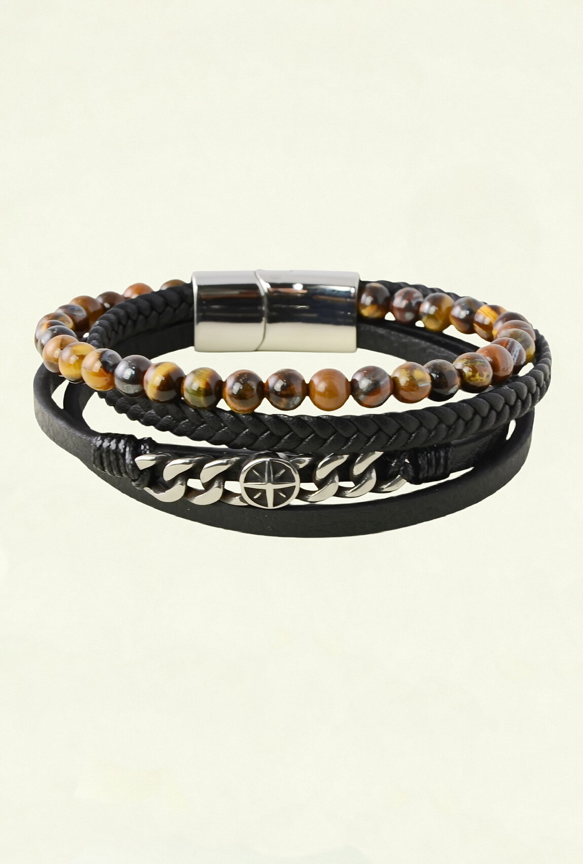 Grossiste LILY CONTI - Bracelet homme multi-rangs en cuir et pierres naturelles – acier inoxydable