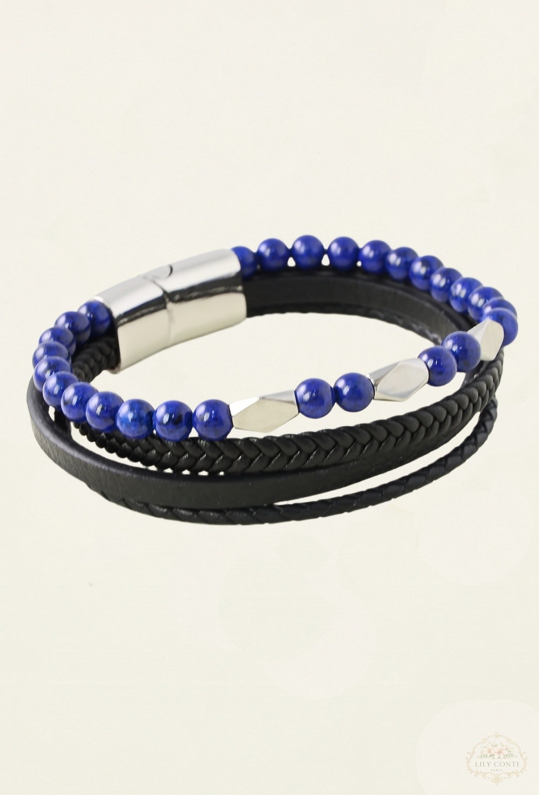 Großhändler LILY CONTI - 4-reihiges Armband aus Edelstahl und Leder mit Steinen