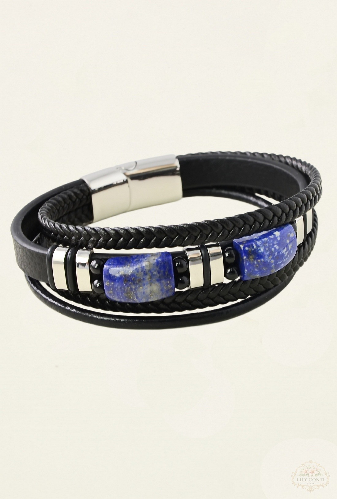 Großhändler LILY CONTI - 4-reihiges Armband aus Edelstahl und Leder mit Steinen