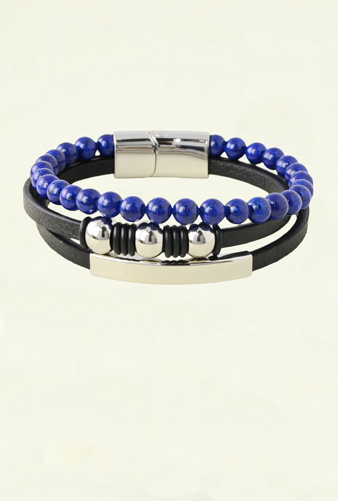 Großhändler LILY CONTI - Herrenarmband mit mehreren Lagen aus Leder und Natursteinen – Edelstahl