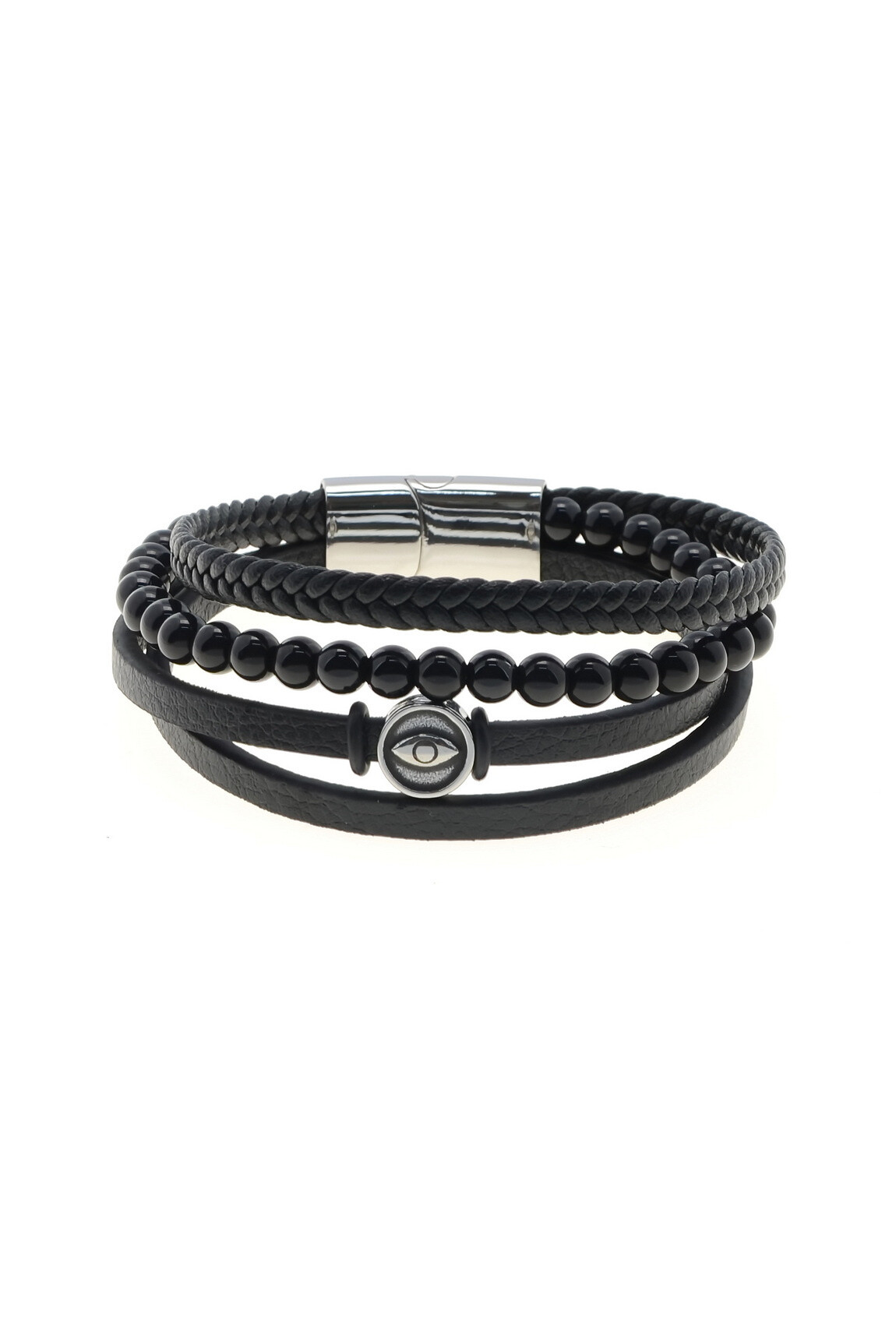Wholesaler LILY CONTI - 4 row men's bracelet - Stainless steel, leather and stone