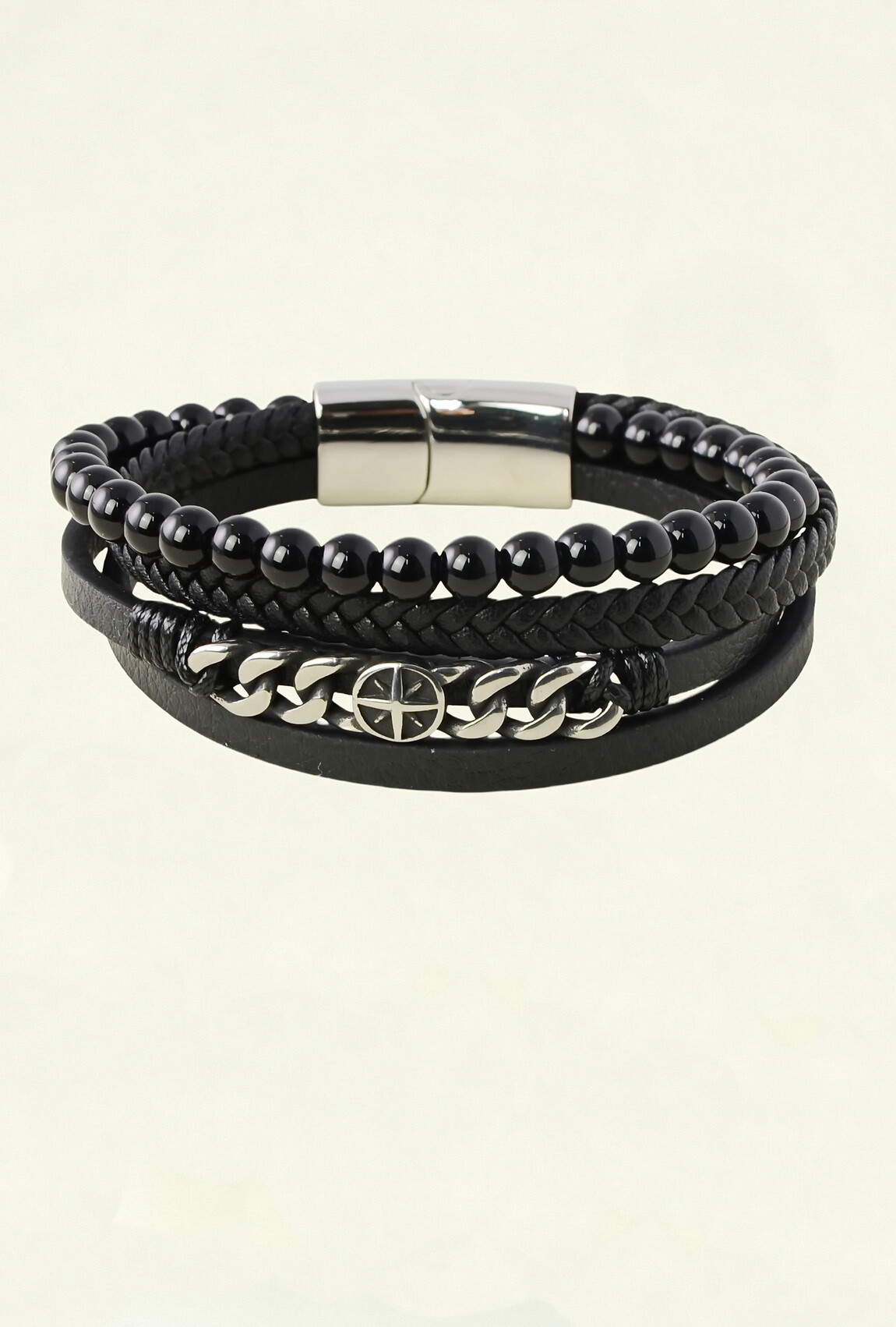 Grossiste LILY CONTI - Bracelet homme multi-rangs en cuir et pierres naturelles – acier inoxydable