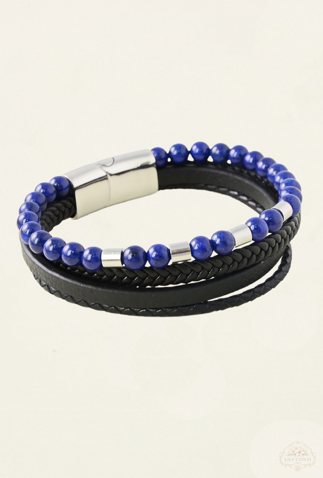 Wholesaler LILY CONTI - 4-row stainless steel and leather bracelet with stones