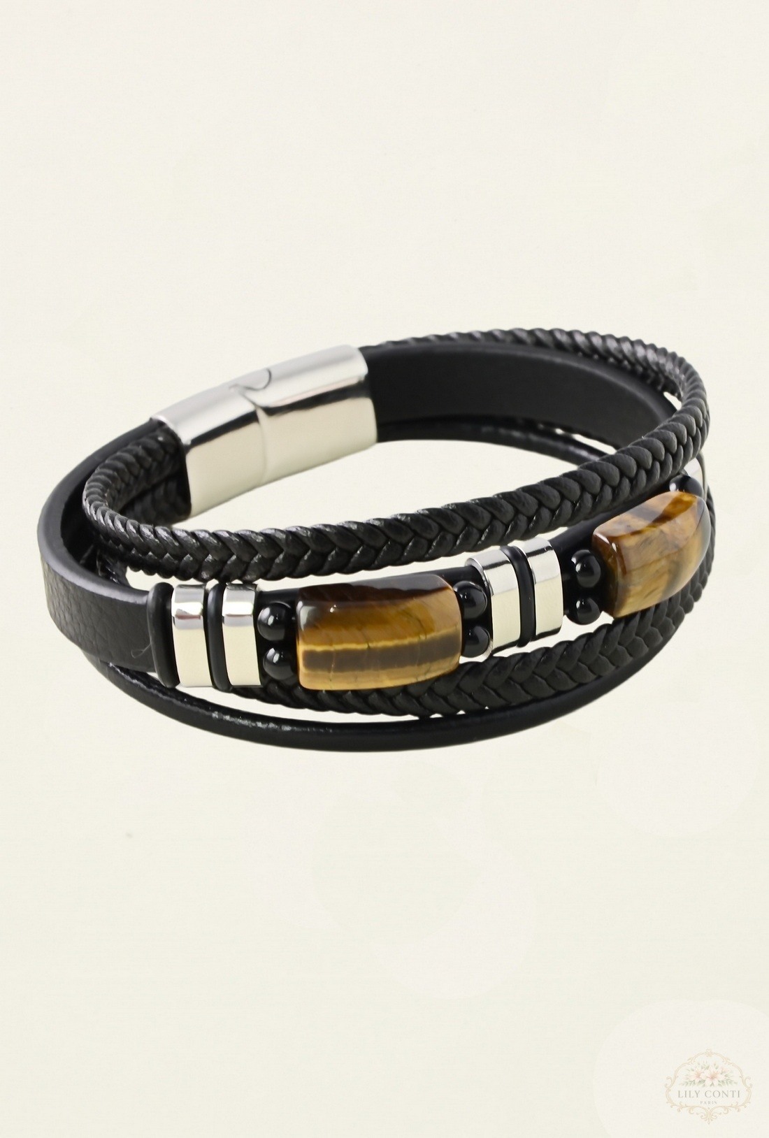 Wholesaler LILY CONTI - 4-row stainless steel and leather bracelet with stones