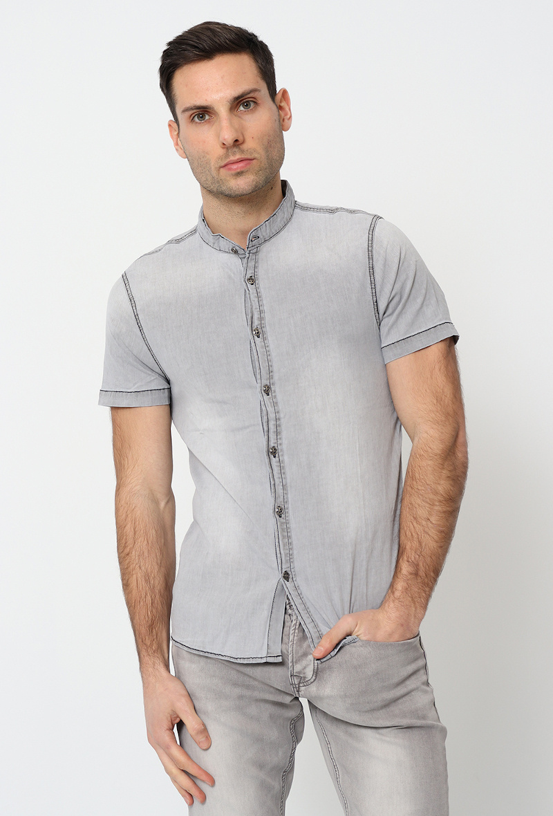 Großhändler Lysande - Kurzärmliges Jeanshemd mit Mao-Kragen