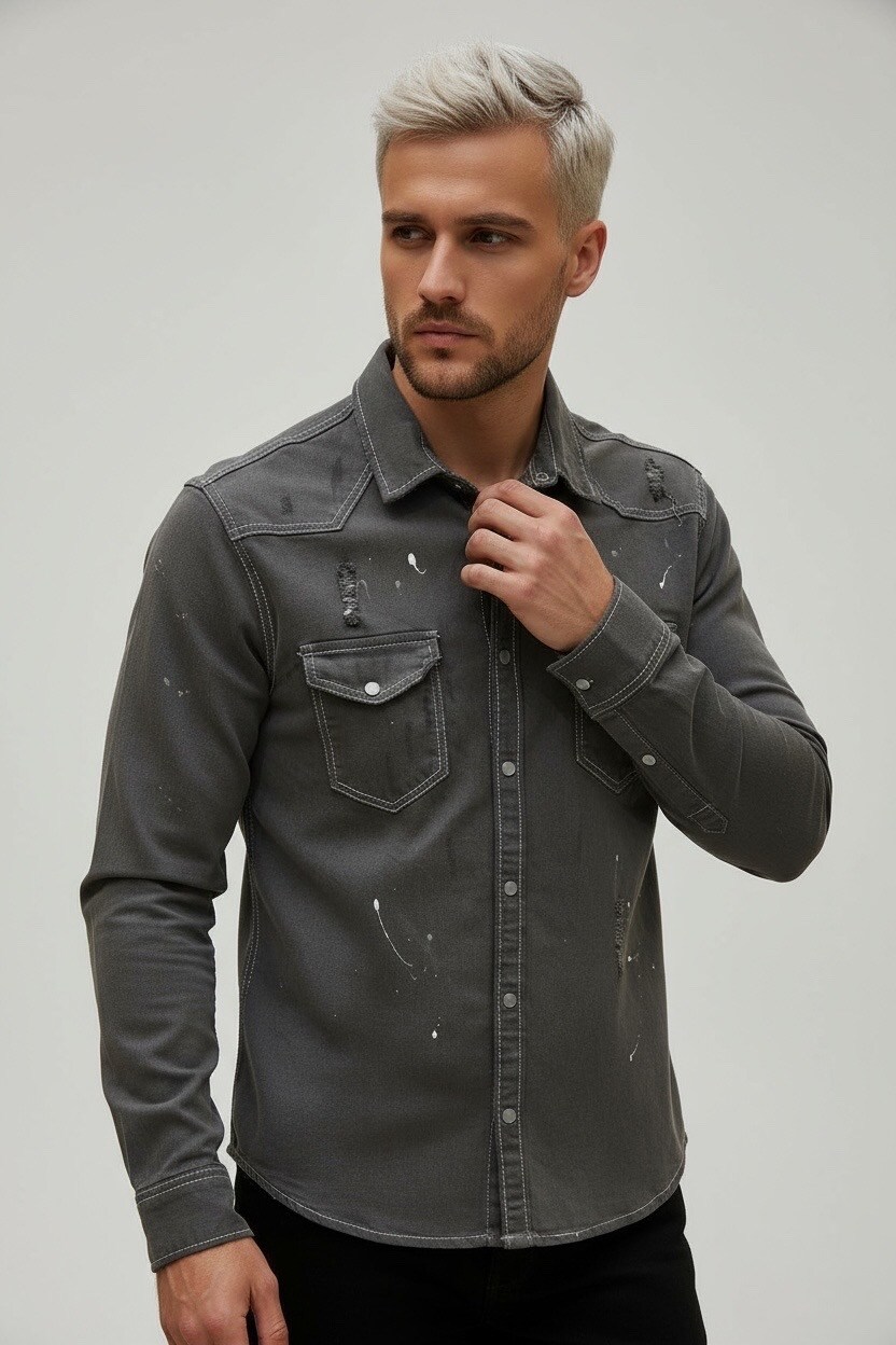 Großhändler Lysande - Schwarzes Jeanshemd mit Farbe