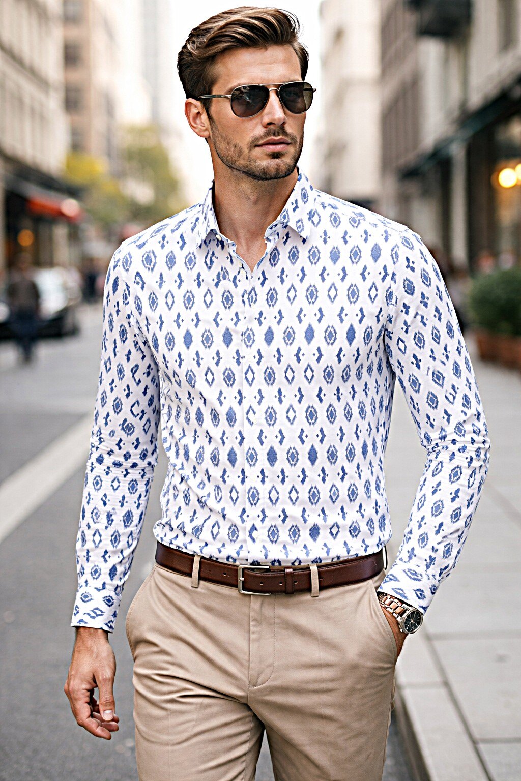 Großhändler Lysande - Herren Slim Fit Hemd in Weiß mit blauen Mustern