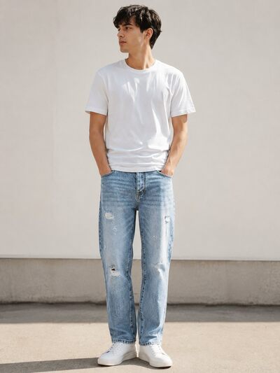 Wholesaler Lysande - Men's tapered fit jeans in light washed blue distressed denim Wholesaler Lysande - Men's tapered fit jeans in light washed blue distressed denim