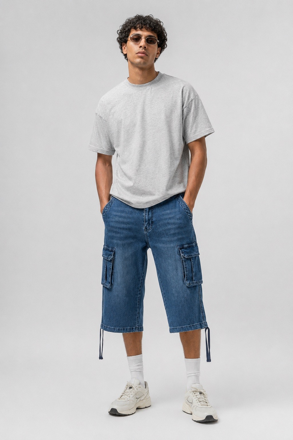 Wholesaler Lysande - Men's Adjustable Regular Fit Cargo Denim Shorts – Dark Washed Blue