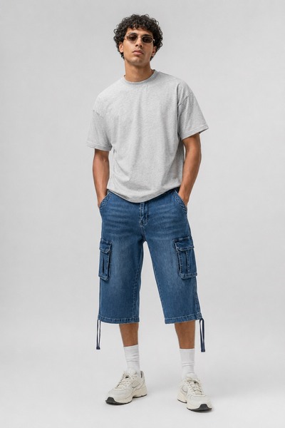 Großhändler Lysande - Herren Cargo-Denim-Shorts mit Verstellbarer Regular-Passform – Dunkelgewaschenes Blau Großhändler Lysande - Herren Cargo-Denim-Shorts mit Verstellbarer Regular-Passform – Dunkelgewaschenes Blau