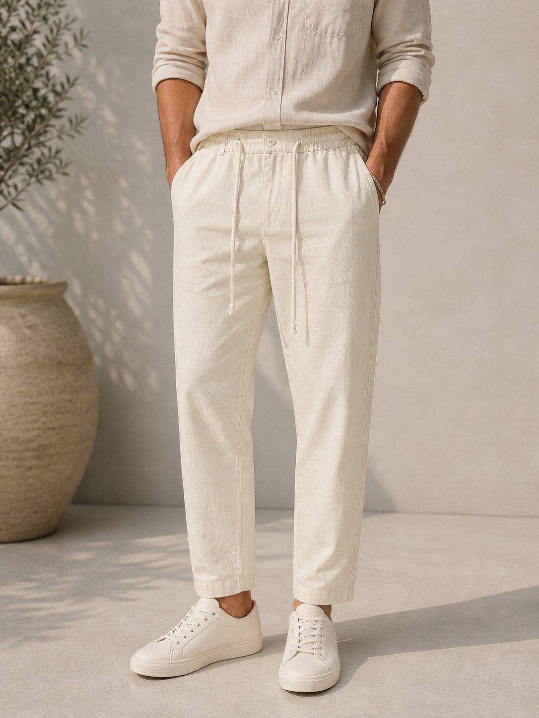 Mayorista Lysande - Pantalón beige claro para hombre con efecto lino y algodón – corte ajustado para verano
