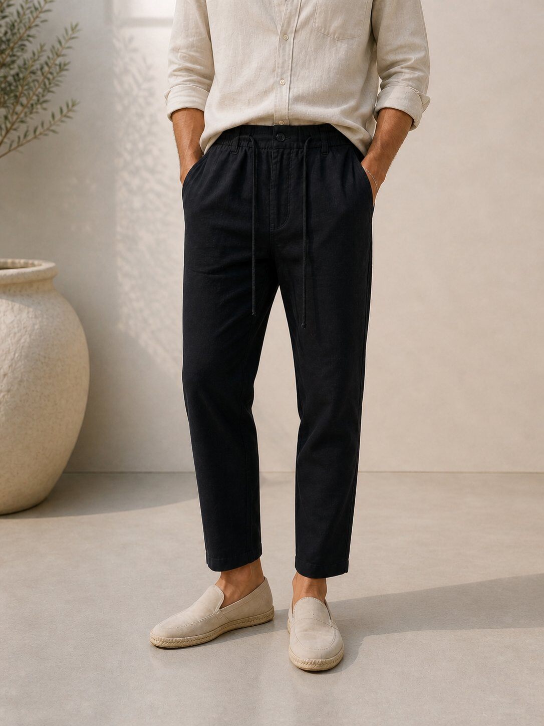 Mayorista Lysande - Pantalones efecto lino de algodón negro profundo – corte tapered premium