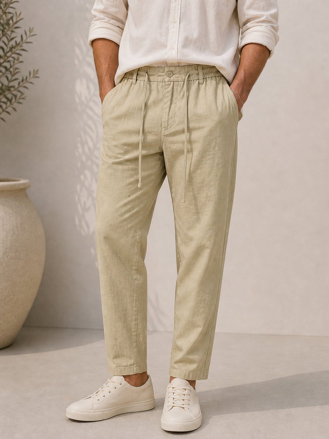 Mayorista Lysande - Pantalones efecto lino de algodón beige arena – corte tapered premium