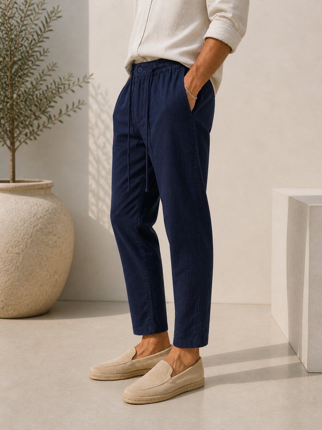 Mayorista Lysande - Pantalón azul marino efecto lino de algodón