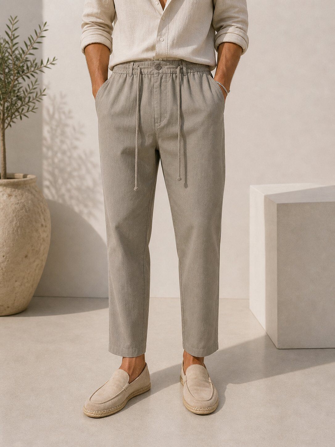 Mayorista Lysande - Pantalones de algodón efecto lino gris topo