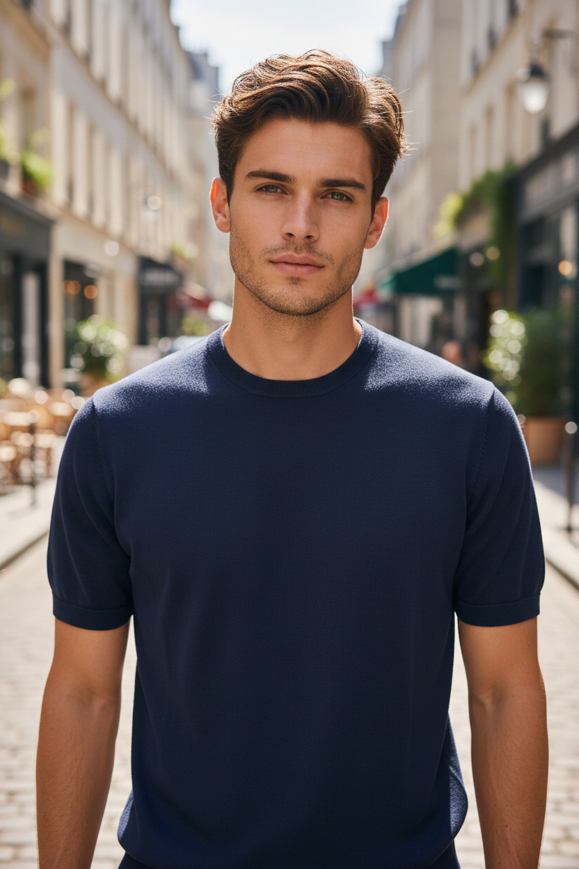 Großhändler Lysande - Marineblaues Herren-Strick-T-Shirt