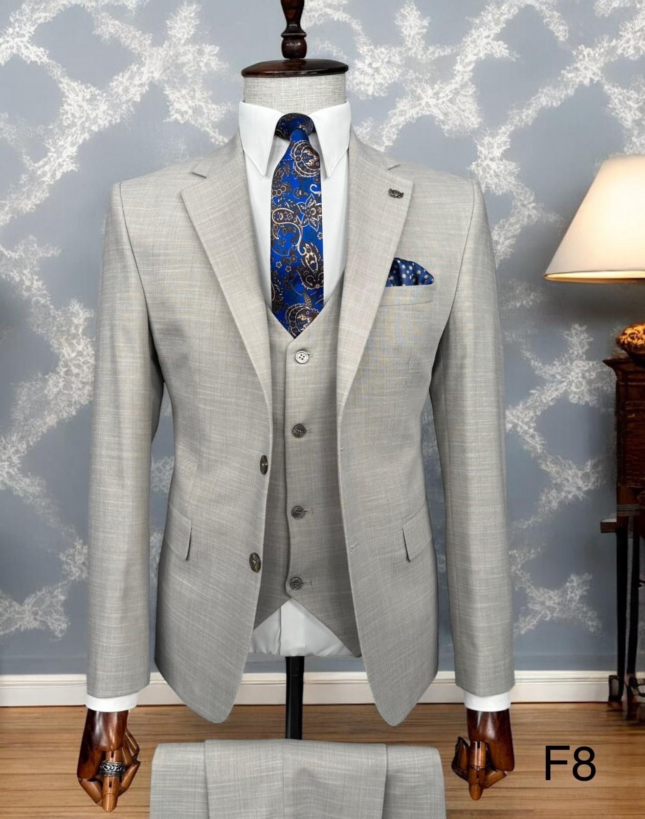 Grossiste MACKTEN - Costume homme 3 pcs fil a fil gris beige